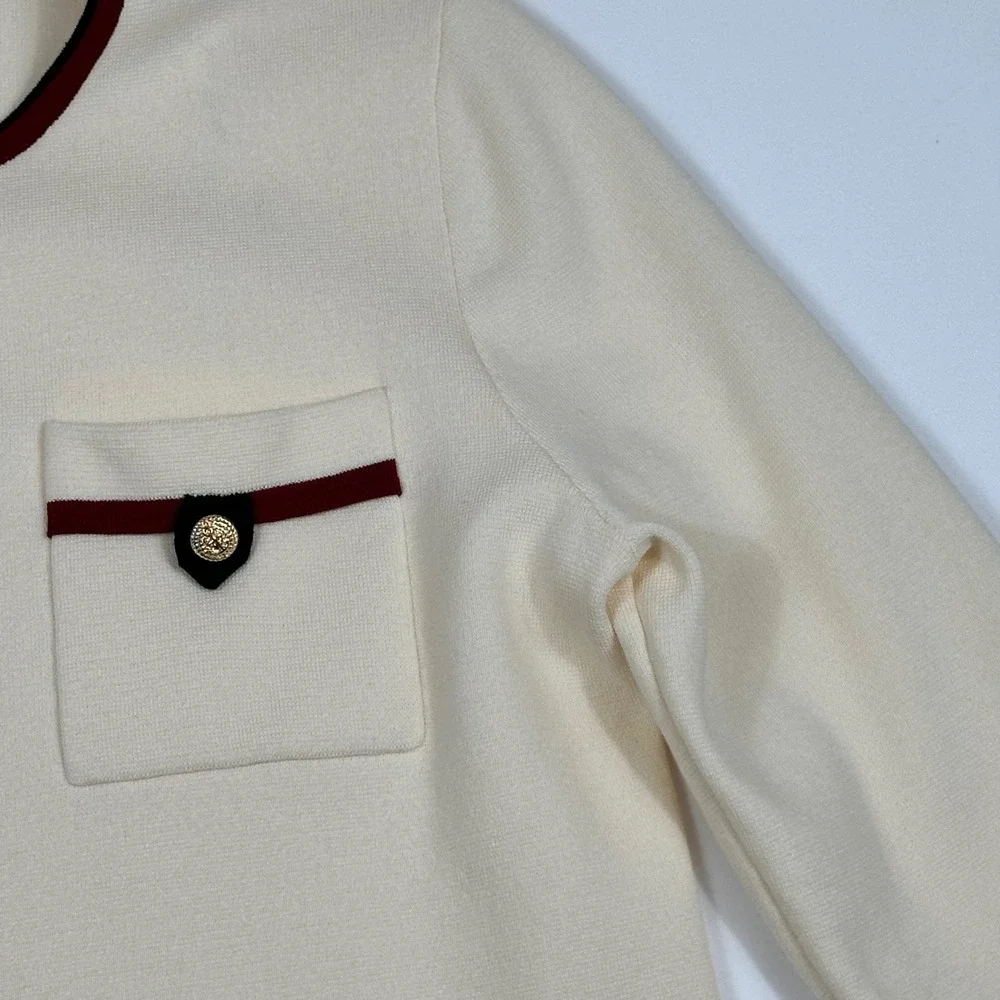Anne Klein Cream Knit‎ Cardigan Burgundy Trim Gold Lion Button Lady Jacket Small
